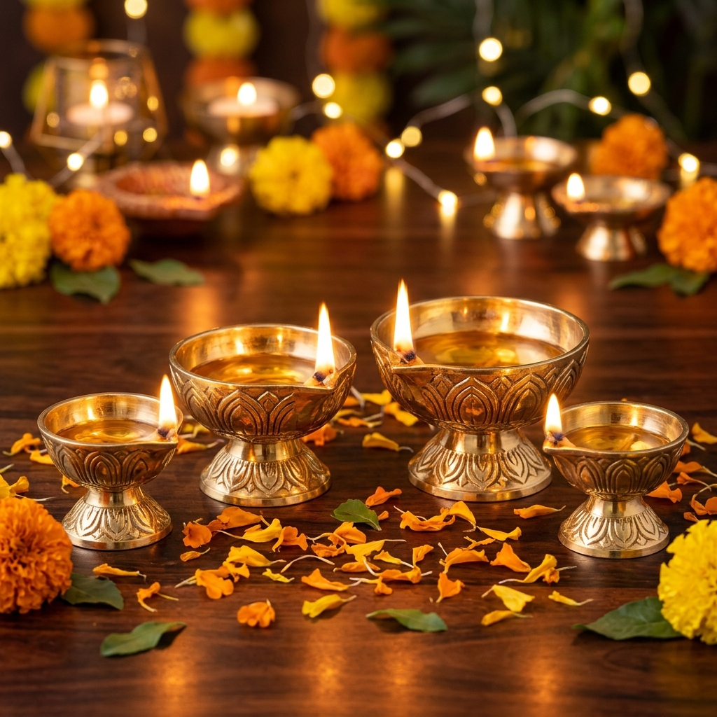Brass Diya Set of 4 – Lotus Design for Pooja