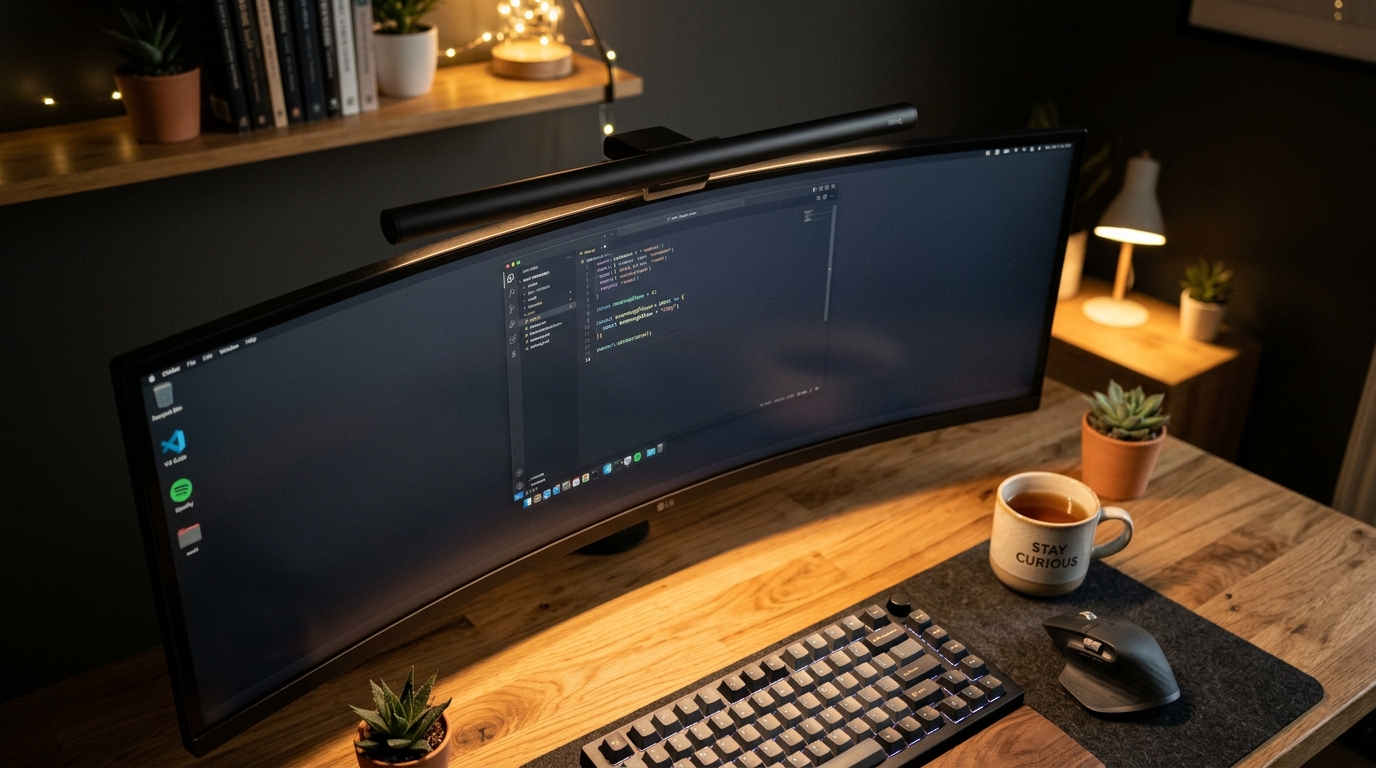 Asymmetric monitor lightbar casting warm ambient glow on curved display