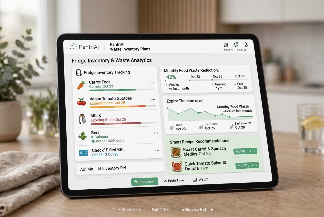 Inside the PantriAI tablet dashboard showing fridge inventory tracking and waste analytics