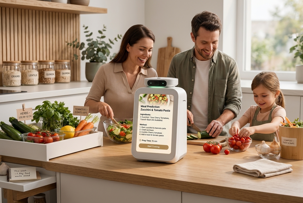 Family preparing dinner with PantriAI meal prediction recommendations
