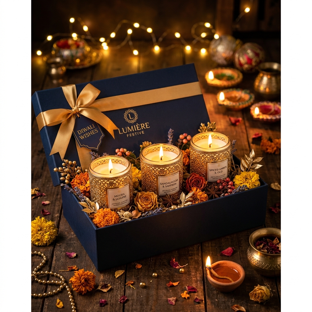 Scented Candles + Golden Candle Holder – Gift Box