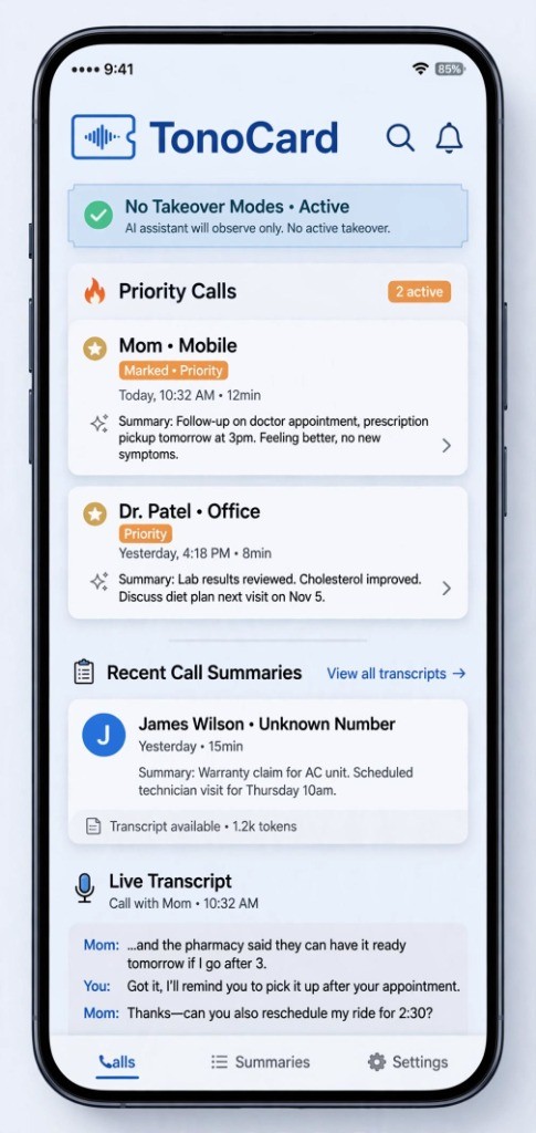 TonoCard smartphone companion app showing priority call channels, recent call summaries, and no-takeover mode active