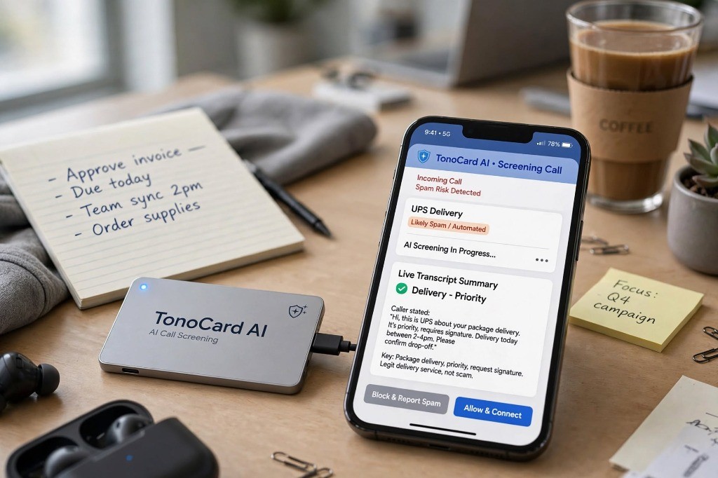 TonoCard AI hardware device on desk performing real-time screening on incoming automated call