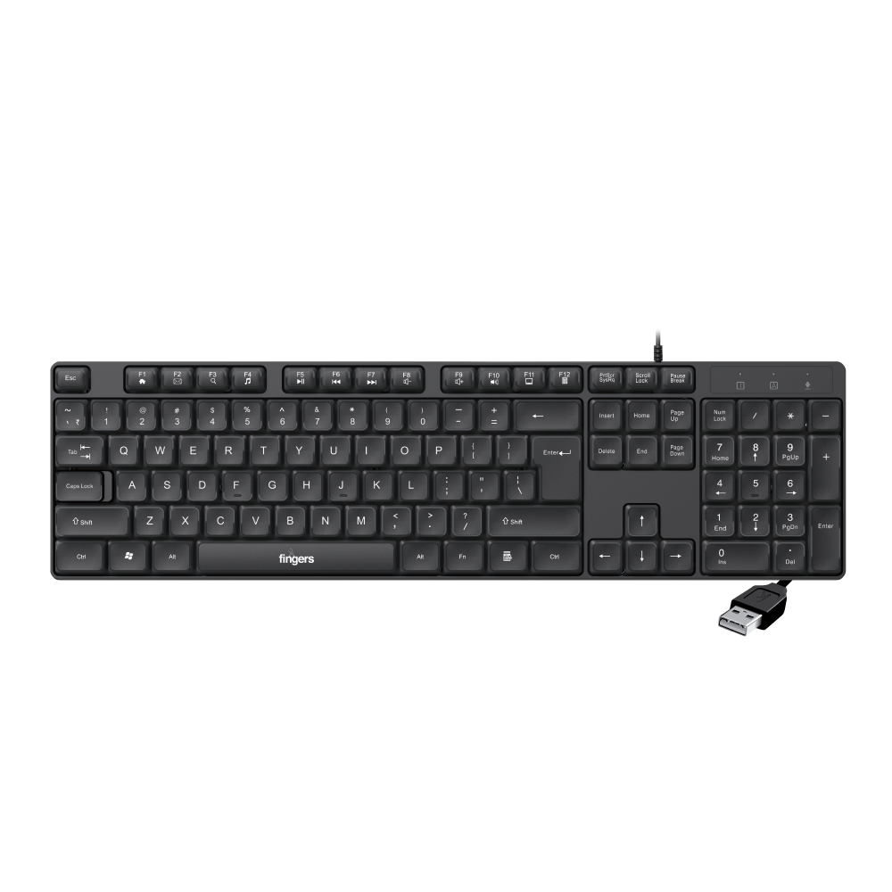 FINGERS WonderClicks K9 Wired USB Keyboard (104 Keys Including 12 Quick Media Keys and Rupee Key, Slim Design, 1.5 m USB Cable, Compatible with Windows, macOS, Linux) Rich Black Showcase
